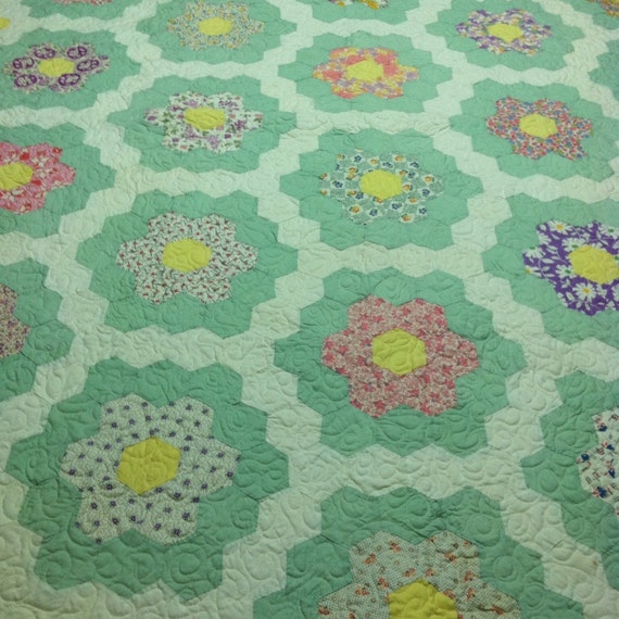 Vintage Grandmother's Flower Garden Quilt by FadedWallpaper