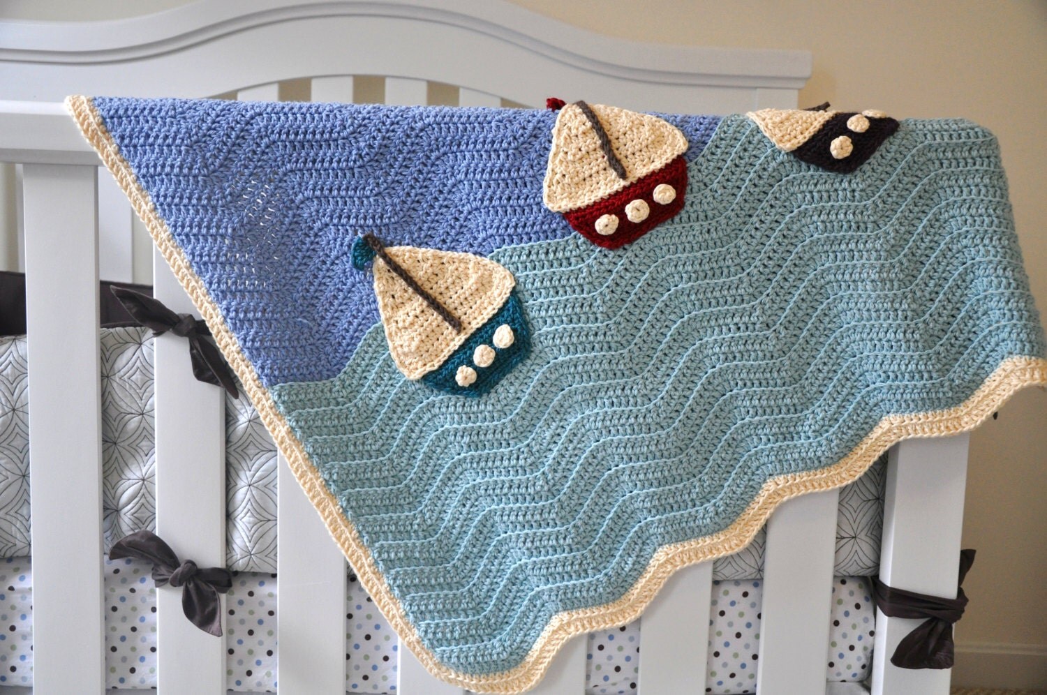 Crochet Baby Boy Blanket Sailboat Blanket Wall hanging
