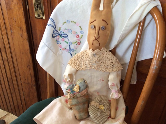 Primitive Easter rabbit Shabby cottage chic bunny Farmhouse country doll Easter Spring decoration Rustic Country art Vintage Easter OFG team