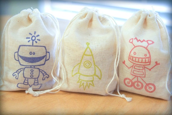 Robot Rocket Set muslin cotton favor bag 15 with stamp gift sack boy birthday party baby shower goodies treat bag