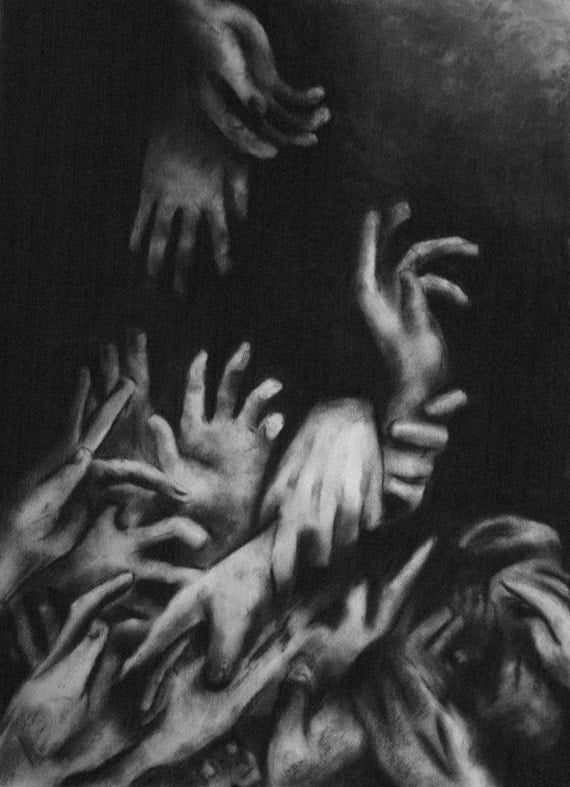 Items similar to Dark Surreal Charcoal Drawing of Hands on Etsy