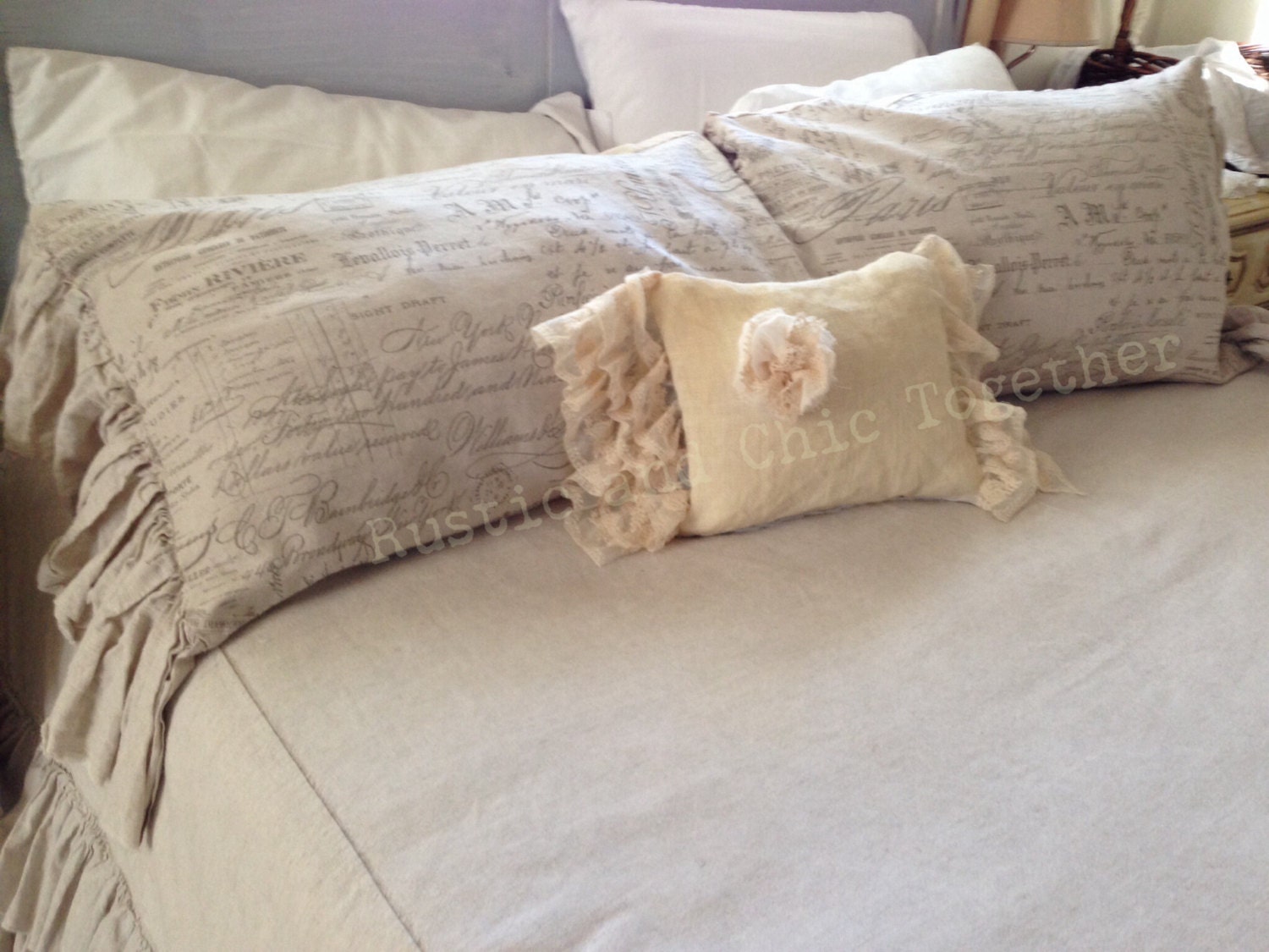 Ruffled Pillow Sham Linen French script Handmade
