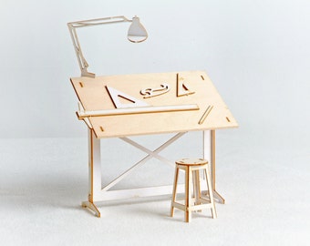 Miniature Drafting Table Model Kit with Real Wood Tabletop, Lasercut, Architectural DIY Scale Model