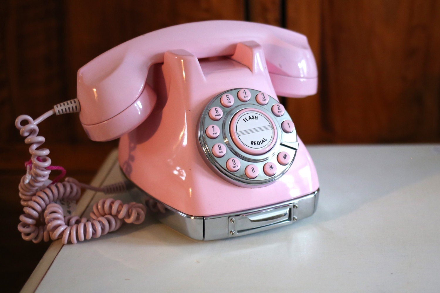 Pink Flash Dial Metro Phone with Cord Note Drawer and push