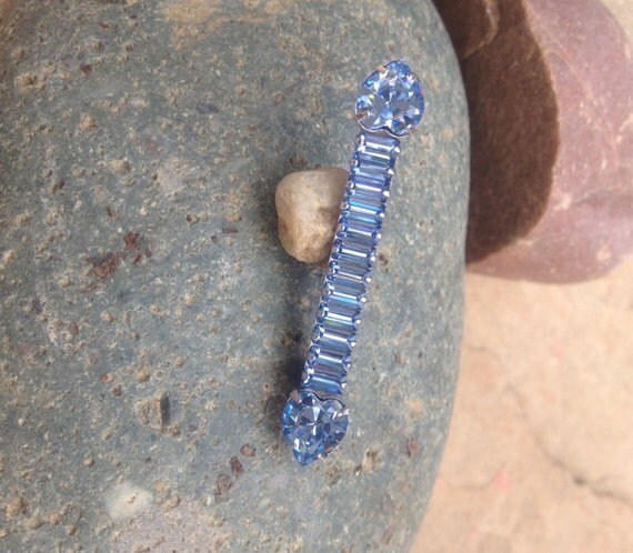 Icy  Blue Heart  & Baguette Shape Stone Brooch  Set In Silver Tone