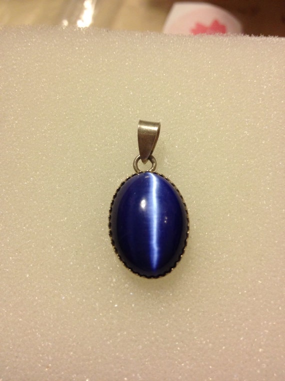 Sapphire Blue Cat's Eye STERLING PENDANT Enhancer Silver