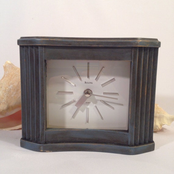 Rustic Blue Bulova Clock Wooden Quartz Table Clock Mantale