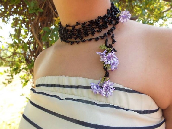 FREE SHIP beads crochet necklace ,black necklacepruple  flowers  wedding jewelry