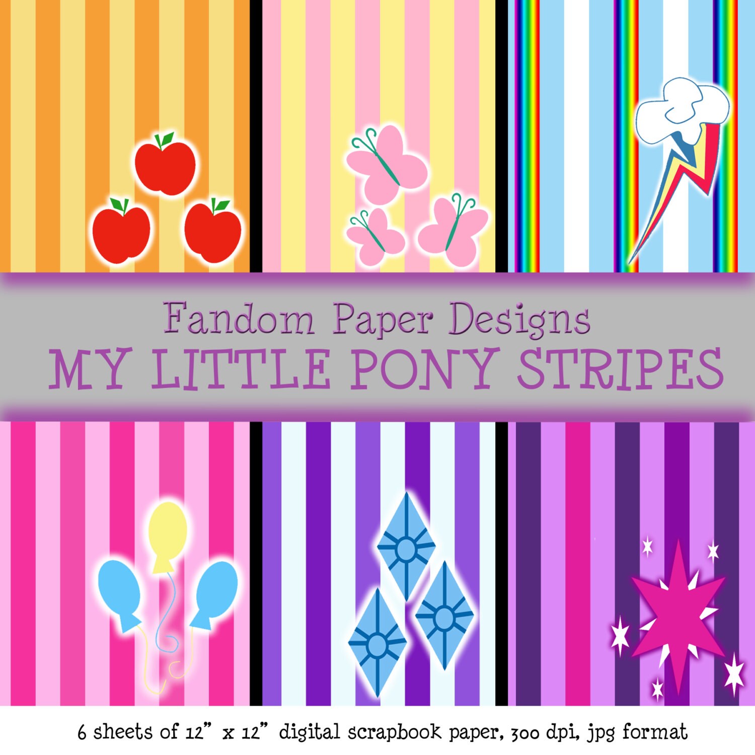 My Little Pony Stripes Digital Scrapbook Paper Six Sheets