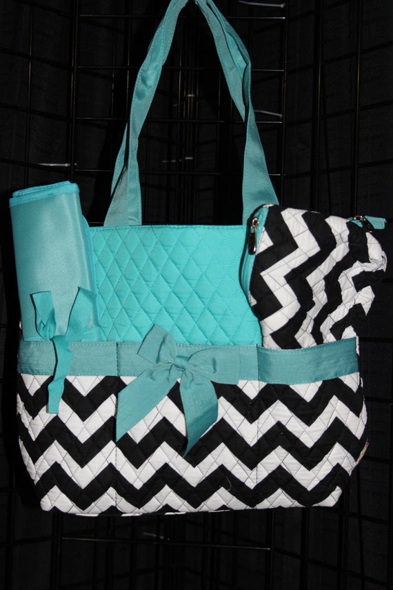 Machine Embroidered Quilted Diaper Bag Black Chevron Teal