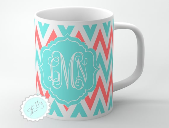 Customized elegant Coral and Tiffany blue chevron monogrammed coffee mug