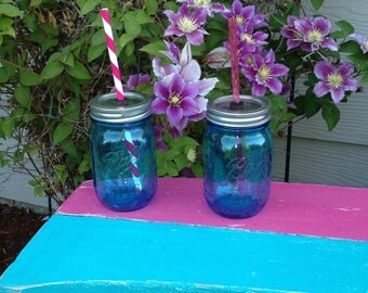 Heritage Blue Mason Jar Tumbler (16oz) 9" BPA Free Reusable Straw Included (40 different straw colors and 10 different grommet colors)
