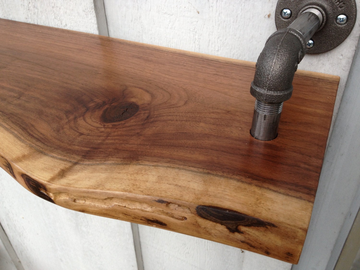 Reclaimed Raw Edge Black Walnut Shelf w/ Contemporary Steel