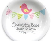 Baby Gift - Personalized Plate - Hand Painted Baby Girl Ceramic  - Custom Made - Pink Bird