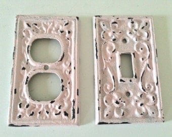 shabby chic cover, light switch, outlet, light pink, ornate, cast iron