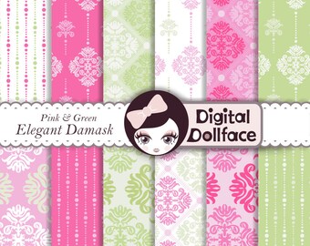 Pink and Green Baby Digital Paper, Baby Girl Damask Scrapbook Paper, Decoupage