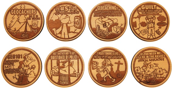 Items similar to Set of 8 Wooden Geocaching Tokens / coins with funny ...