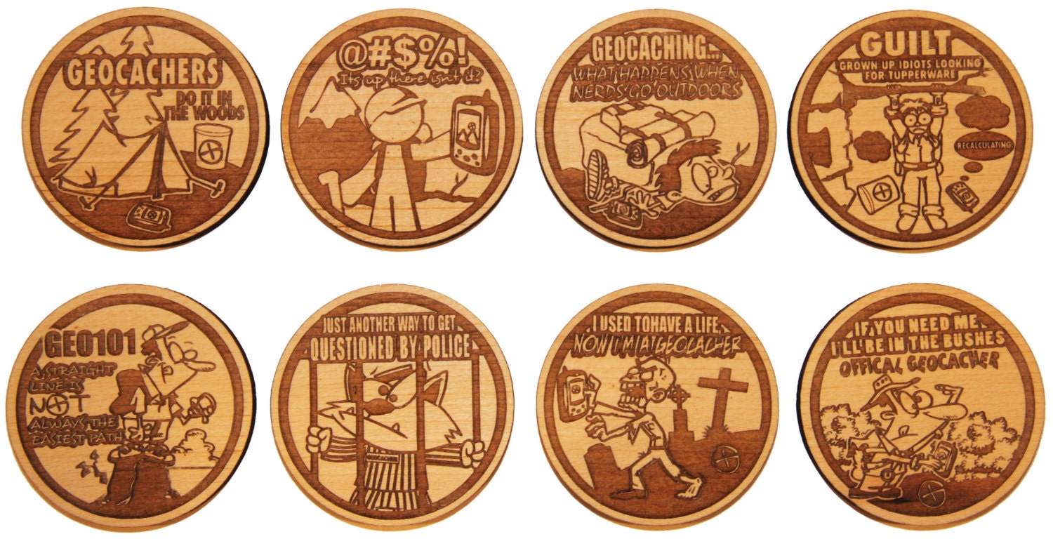 Set of 8 Wooden Geocaching Tokens / coins with by GeocachingSwag