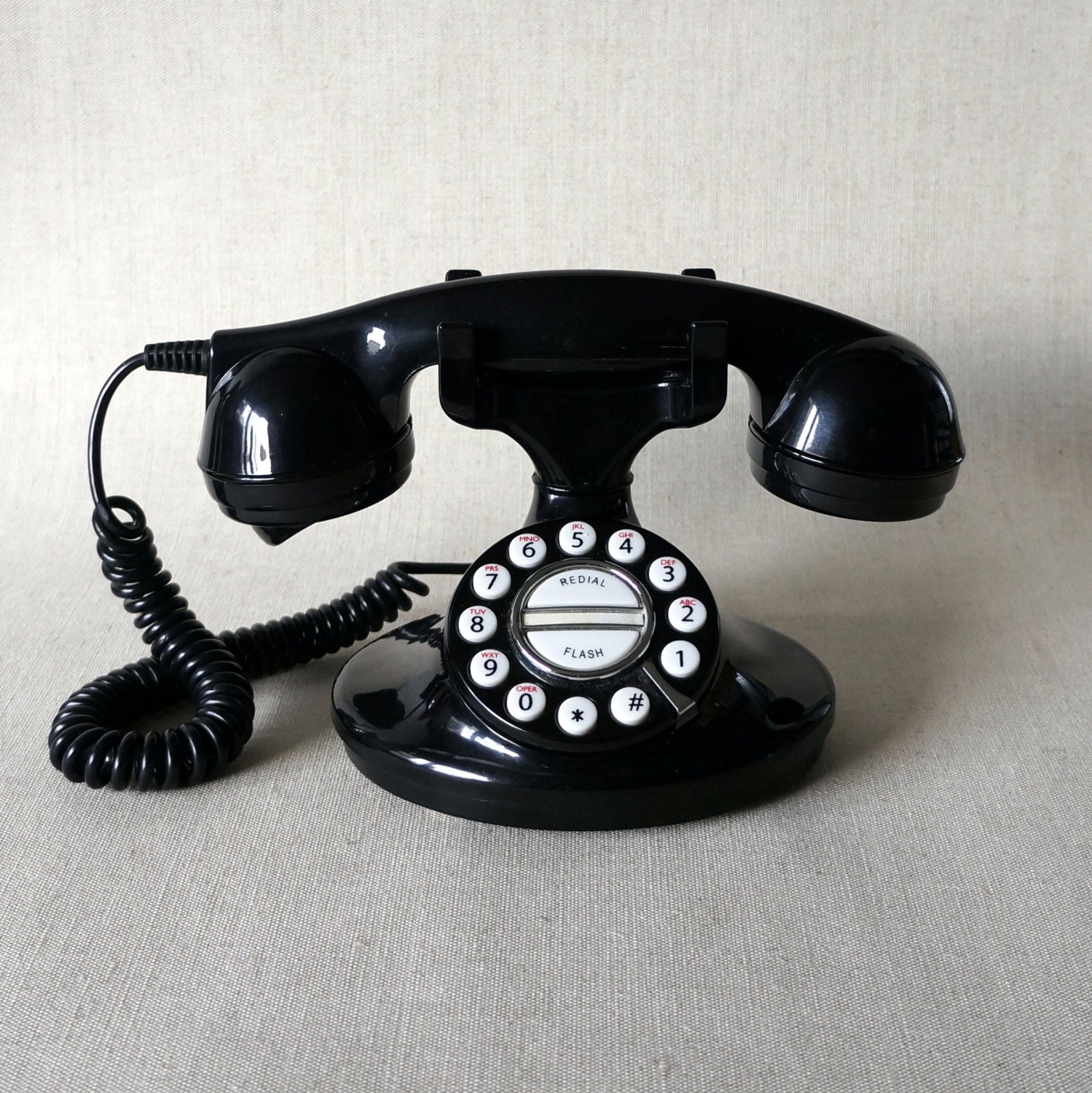 Vintage rotary style BLACK pushbutton phone in perfect