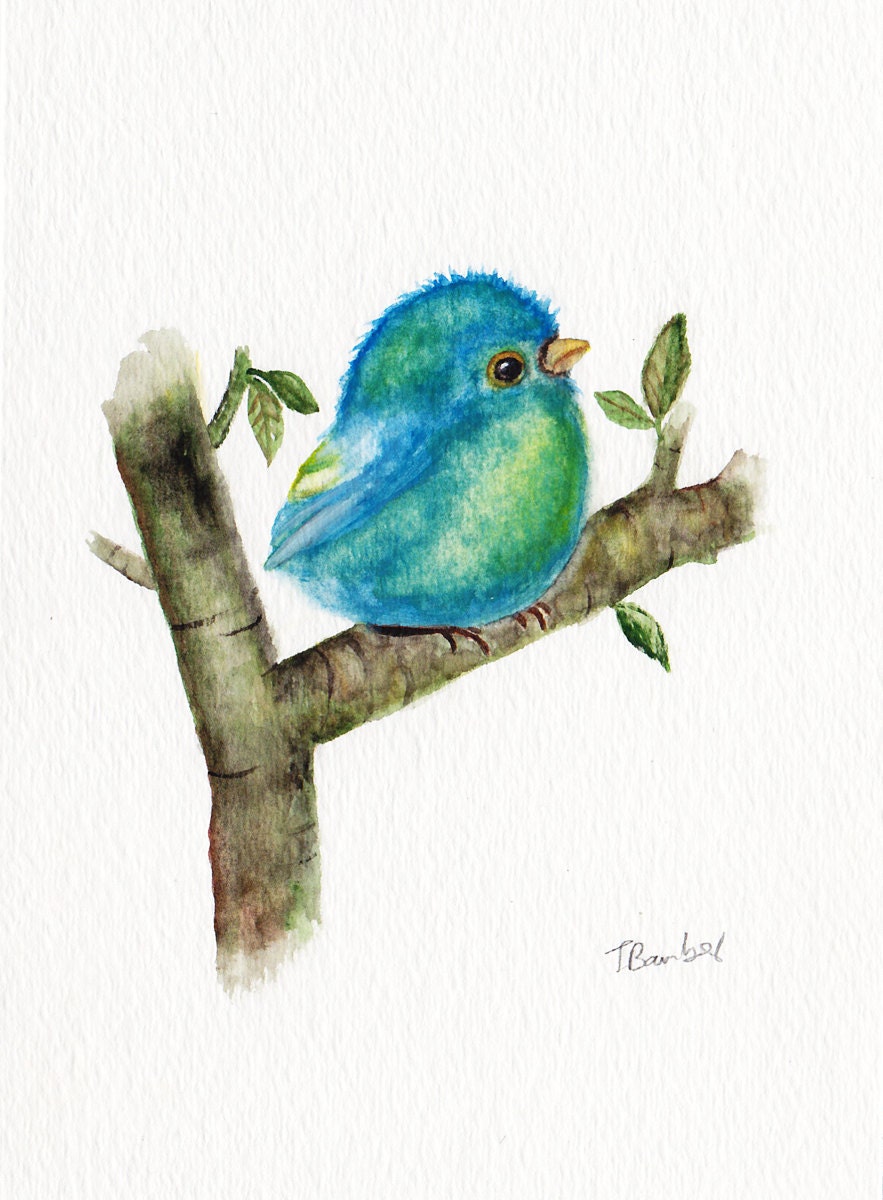 Baby blue bird Original watercolor painting 5x7 by