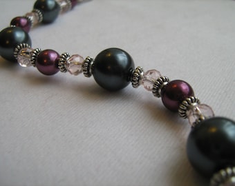 Grey and Burgandy Pearl and Crystal Bracelet