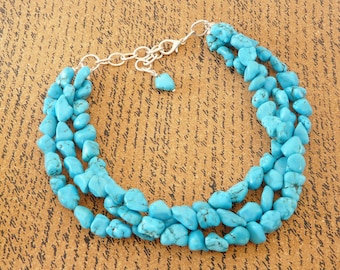 Chunky Turquoise Necklace Beach Wedding Jewelry Turquoise Megan Necklace 3 Strand Turquoise Nugget Necklace Cowgirl Jewelry Western Jewelry