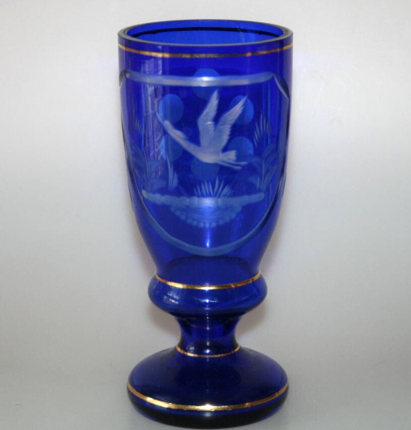 Antique Vase Cobalt Blue Cut Glass Czechoslovakia