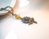 Charm  Necklace Flower and jade pendant  Bronze charm boho vintage antique bib strand beadwork eco, statement necklace