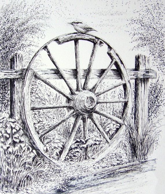 Old Wagon Wheel Graphite Pencil Drawing. Print from an