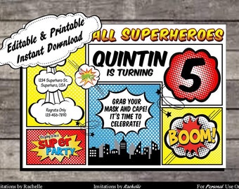 Superhero Invitation Comic Birthday Party - Editable Printable Digital File with Instant Download