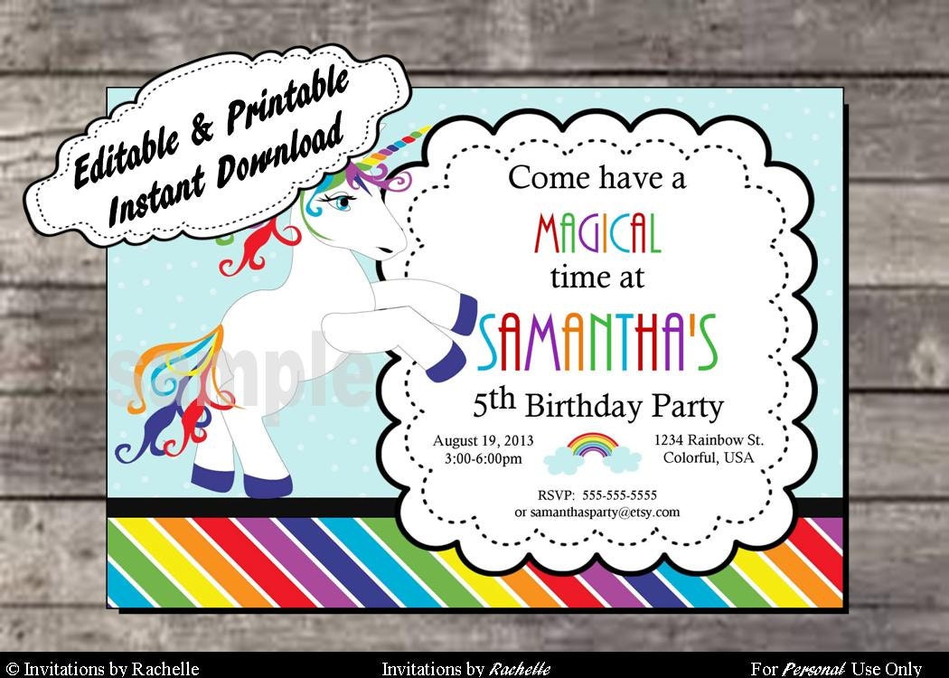 rainbow unicorn invitation birthday party editable printable