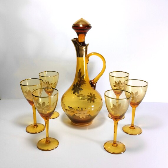 Vintage Amber Decanter Bar Set with Gold Floral by PrimaTreasures