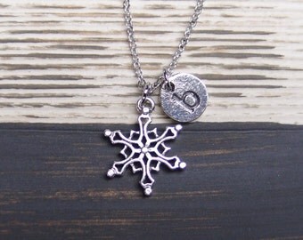 initial necklace, antique silver snowflake necklace, winter necklace ...