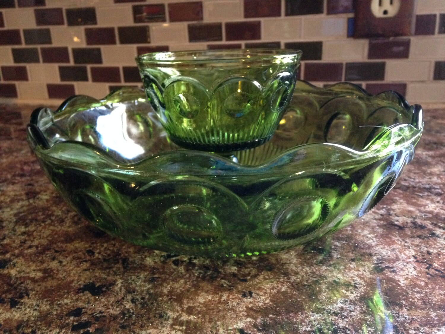 Vintage Two Tiered Green Glass Chip and Dip Bowl 1970s Haute Juice