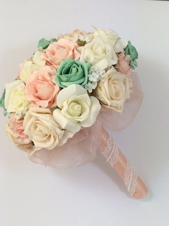 Wedding bouquet shabby chic, rustic, ivory, mint and peach with and baby's breath and lace made to order