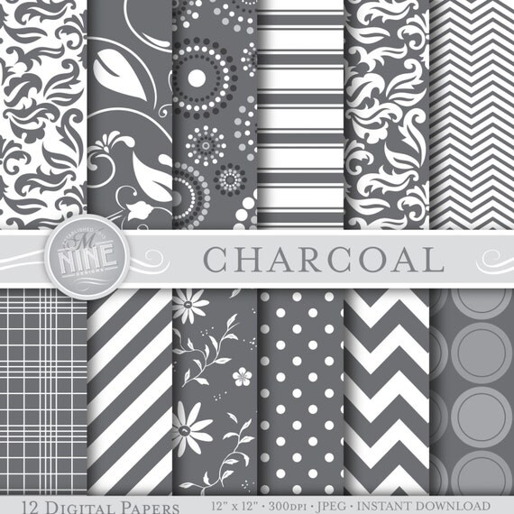 Grey Patterns Digital Paper: CHARCOAL GREY Printable Pattern