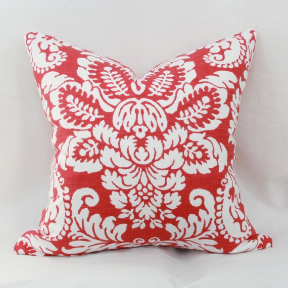 Raspberry & white damask decorative throw pillow cover.