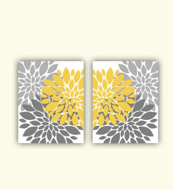 Mustard Yellow Gray Flower Burst Wall Art by