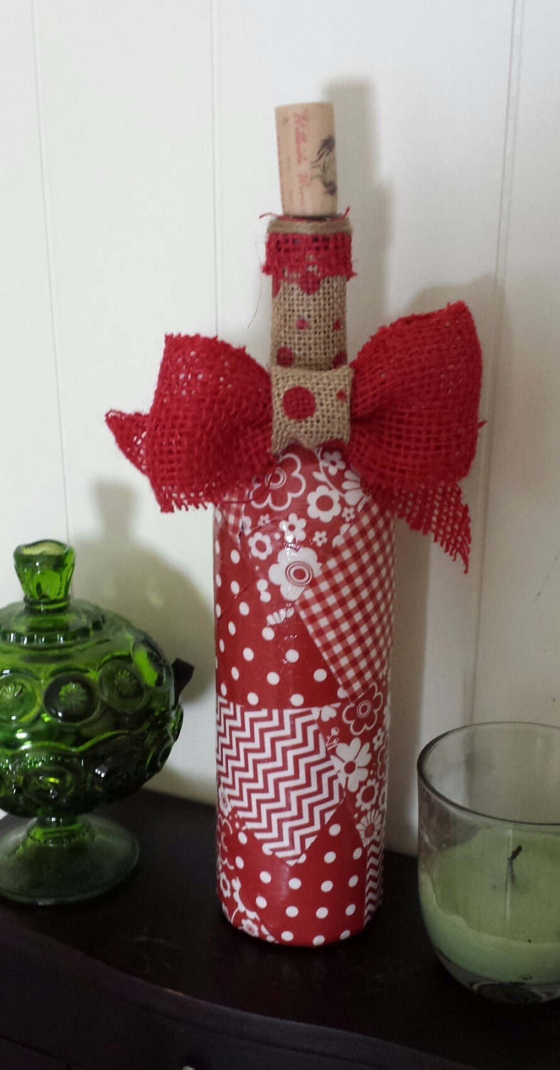 Recycled Wine bottle with red polka dot mod podge and red