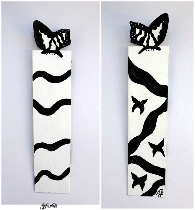 Butterfly bookmark white and black painted bookmark unique