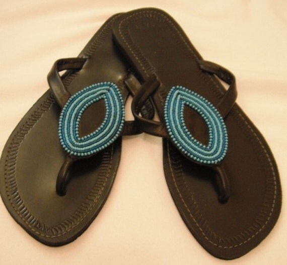 Items similar to Hand made Kenyan leather slippers with hand beaded