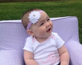 Shabby Chic Headband White Flower with Purple Flower Gemstone on Purple Chevron Elastic - Baby Headband, Child Headband, Photography Prop