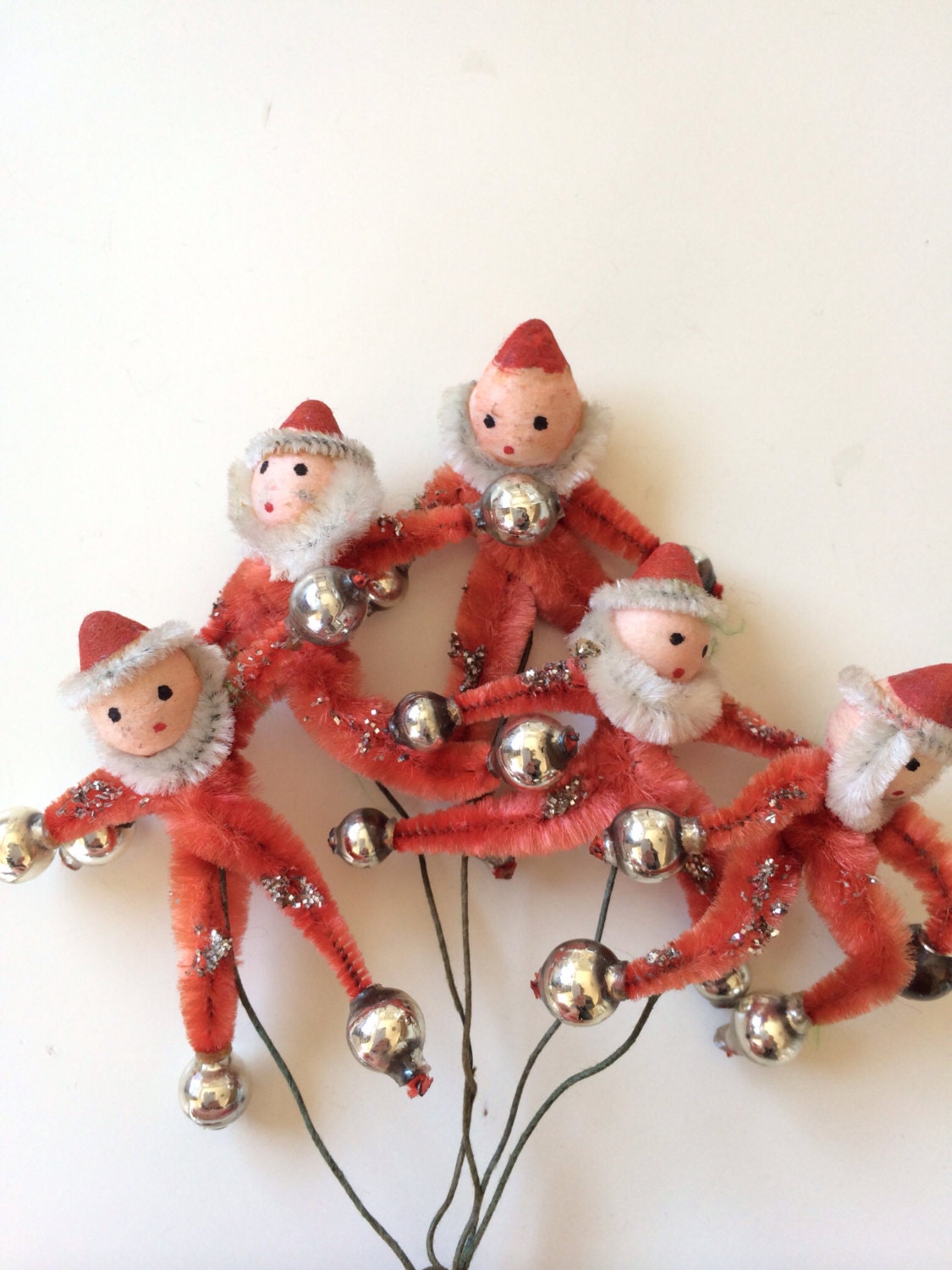 Vintage pipe cleaner Santa ornaments Christmas 1940s