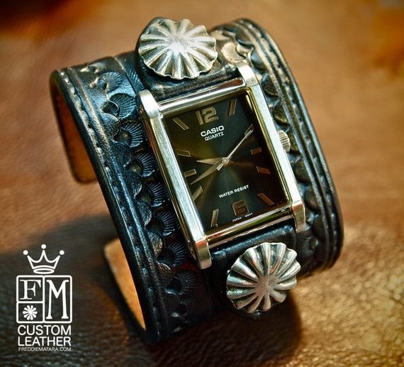 Leather cuff watch Cowboy Rockstar Style Old west Punk Bracelet wristband Handmade for YOU in NYC by Freddie Matara!