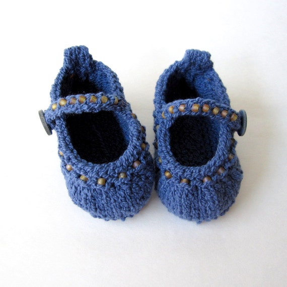 Hand Knit Baby Booties / Infant Girl Shoes - Denim Mary Jane - Made to Order