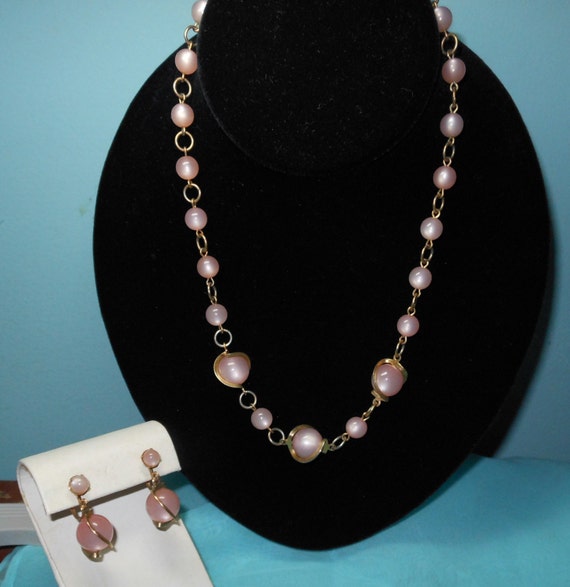 Vintage Pink Moon Glow Necklace and Earring set Beads Dangle