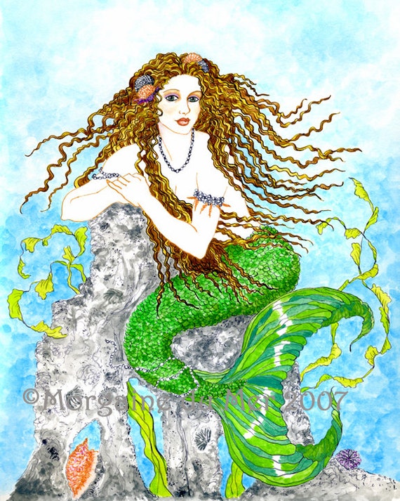 Mermaid with Brown Curly Hair Reclining on Rock by MagickMermaid