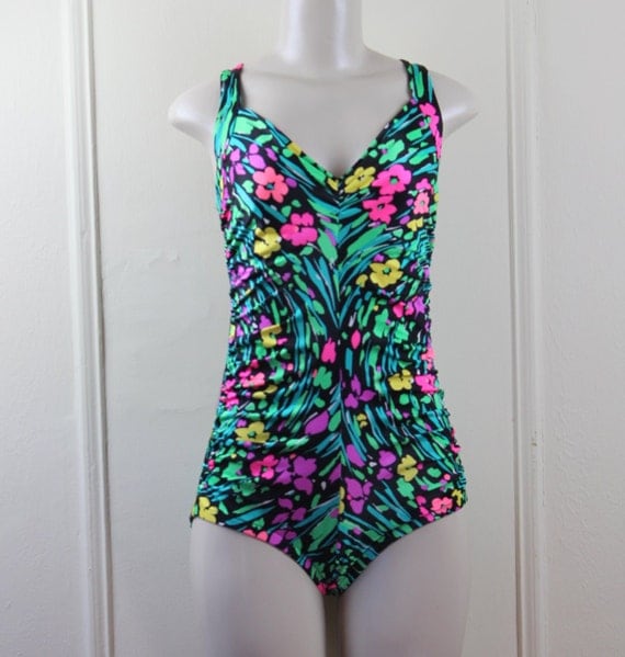 1980s Neon Floral Swimsuit bathing suit maillot Black Hot