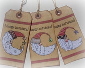 Happy Holidays Crescent Moon Santa Gift Tag Set, Handmade Whimsical Christmas Hang Tag, Holiday Hang Tags, Hangtags, Distressed Edges,