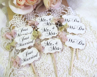 Wedding Cupcake Toppers Party Picks - Bridal Mix - Just Married We Do Mr. & Mrs. - Set of 12 or 18 - Choose Ribbons - Rustic Vintage Style